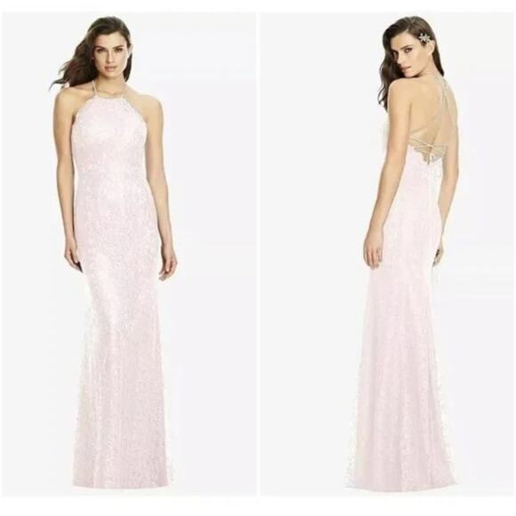 Dessy Collection Dresses & Skirts - Dessy Collection NWT Halter Cross Back Marquis Lace Trumpet Blush Dress Size 14